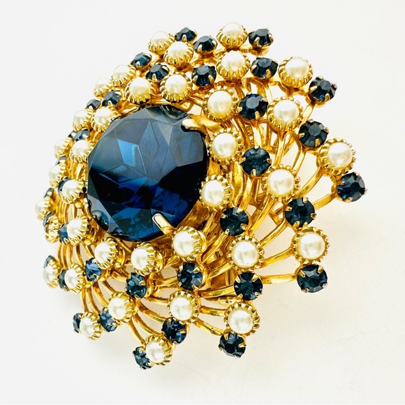 VTG Judy Lee Pinwheel Wreath Sapphire Blue Glass Rhinestone Gold Plated Brooch - Picture 8 of 16